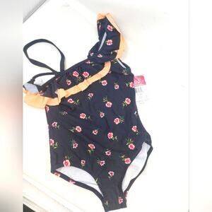 Kanu Surf New Girls Swimsuit Floral One Shoulder Black‎ Tangerine Girls Size 14